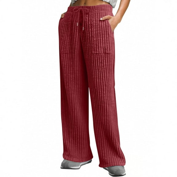 WTOBBY Women's Casual Wide Leg Elastic Waist Ribbed Knit Loose Bottoms with Pockets Soft Lounge Pants for Home,Wine S
