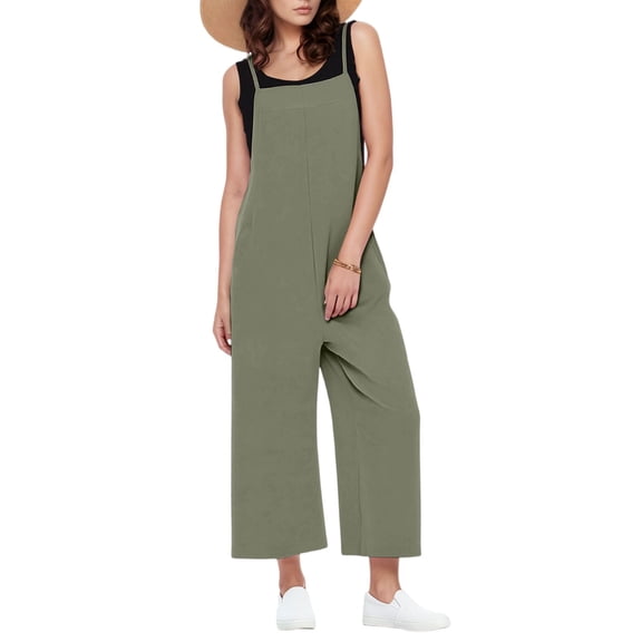 WTOBBY Women's Casual Wide Leg Jumpsuit Romper in Solid Color, Overalls Style with Adjustable Straps, Side Slit Legs, and Pockets for Stylish Comfort,Army GreenS