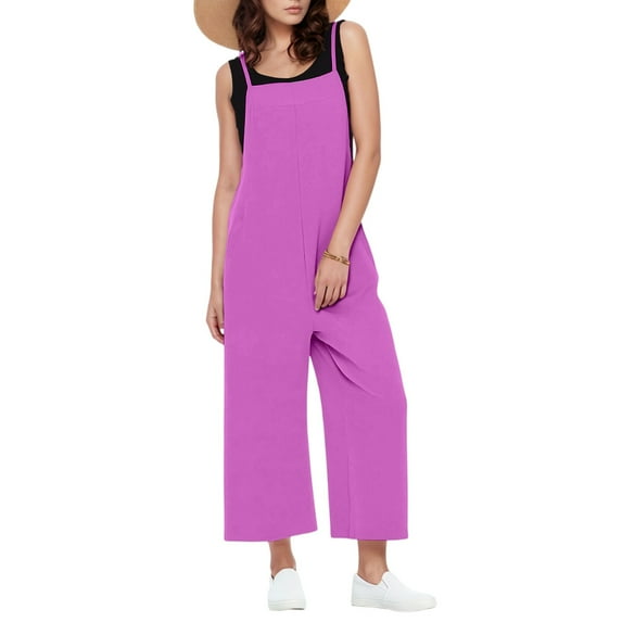 WTOBBY Women's Casual Wide Leg Jumpsuit Romper in Solid Color, Overalls Style with Adjustable Straps, Side Slit Legs, and Pockets for Stylish Comfort,Purple PinkL