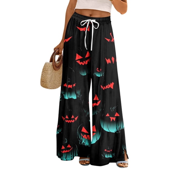WTOBBY Women's Casual Wide Leg Pants Stretch Belt Pocket Halloween Print Adjustable Tie Elastic Waist Trousers for Halloween and Autumn Wear,Light Blue S