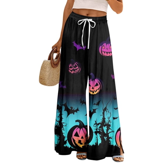 WTOBBY Women's Casual Wide Leg Pants Stretch Belt Pocket Halloween Print Adjustable Tie Elastic Waist Trousers for Halloween and Autumn Wear,Sky Blue S