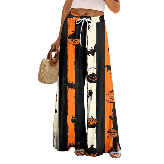 WTOBBY Women's Casual Wide Leg Pants Stretch Belt Pocket Halloween Print Adjustable Tie Elastic Waist Trousers for Halloween and Autumn Wear,Yellow XL