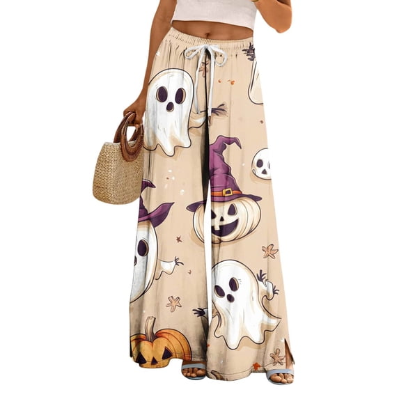 WTOBBY Women's Casual Wide Leg Pants Stretch Belt Pocket Halloween Print Adjustable Tie Elastic Waist Trousers for Halloween and Autumn Wear,Beige L