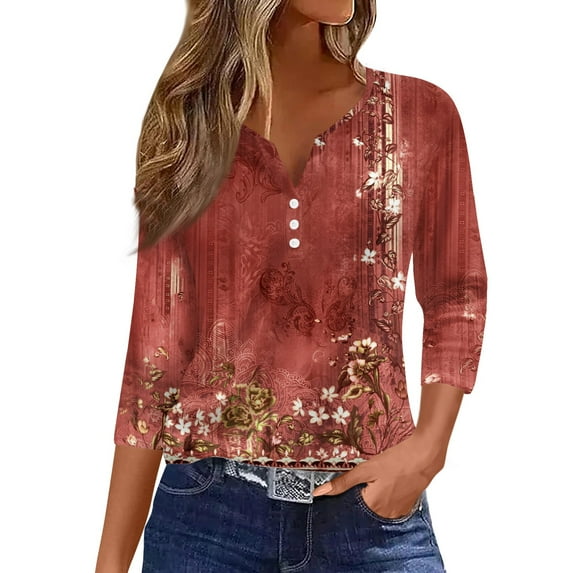 WTOBBY Women's Charming Floral Print V-Neck 3/4 Sleeve Loose Fit Casual Top Versatile Blouse for Spring Autumn Season Daily Fashion Wear,Red 3XL