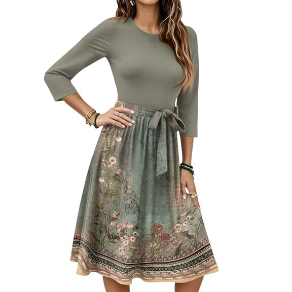 WTOBBY Women's Chic Floral Print Waistband Round Neck 3/4 Sleeve Dress, Flowy Midi Sundress with Comfort Fit for Daily Activities,Army Green S
