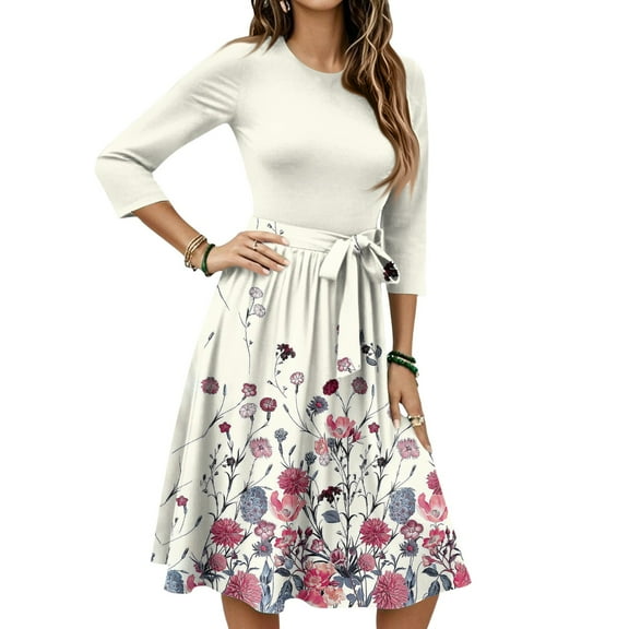 WTOBBY Women's Chic Floral Print Waistband Round Neck 3/4 Sleeve Dress, Flowy Midi Sundress with Comfort Fit for Daily Activities,Beige S