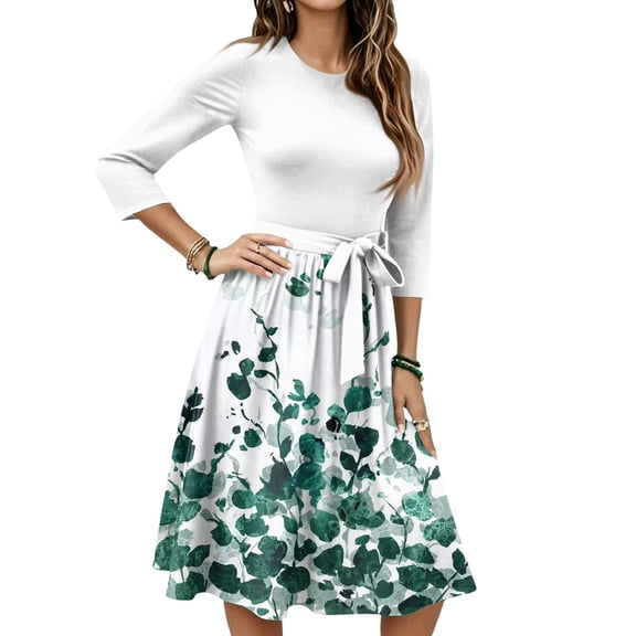 WTOBBY Women's Chic Floral Print Waistband Round Neck 3/4 Sleeve Dress, Flowy Midi Sundress with Comfort Fit for Daily Activities,Green S