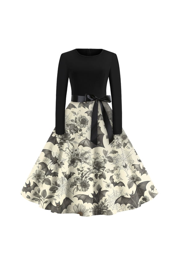 Women's Chic Retro Halloween Dress Featuring Bat and Pumpkin Print, Round Neckline, Long Sleeves, Hollow Out Casual Style for Party Wear ,Light Gray M