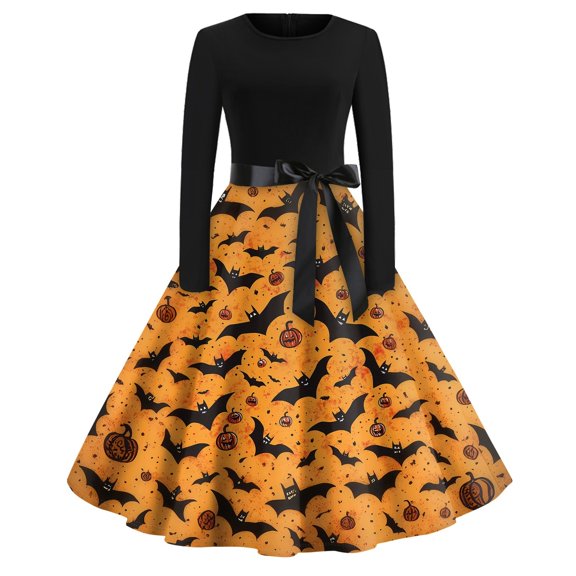 WTOBBY Women's Chic Retro Halloween Dress Featuring Bat and Pumpkin Print, Round Neckline, Long Sleeves, Hollow Out Casual Style for Party Wear ,Orange S