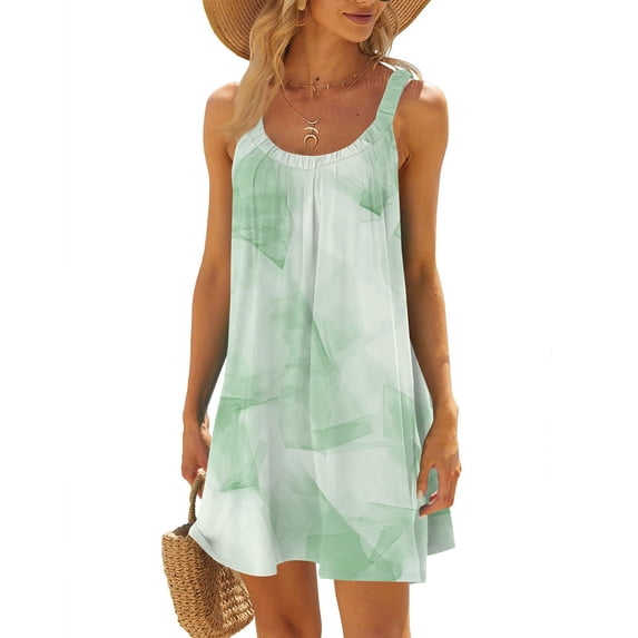 WTOBBY Women's Chiffon Sleeveless Scoop Neck Floral Sun Dress with Elastic Waist for Summer Occasions,Green S