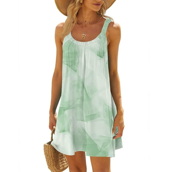 WTOBBY Women's Chiffon Sleeveless Scoop Neck Floral Sun Dress with Elastic Waist for Summer Occasions,Green XL