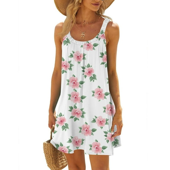 WTOBBY Women's Chiffon Sleeveless Scoop Neck Floral Sun Dress with Elastic Waist for Summer Occasions,Light pink XL