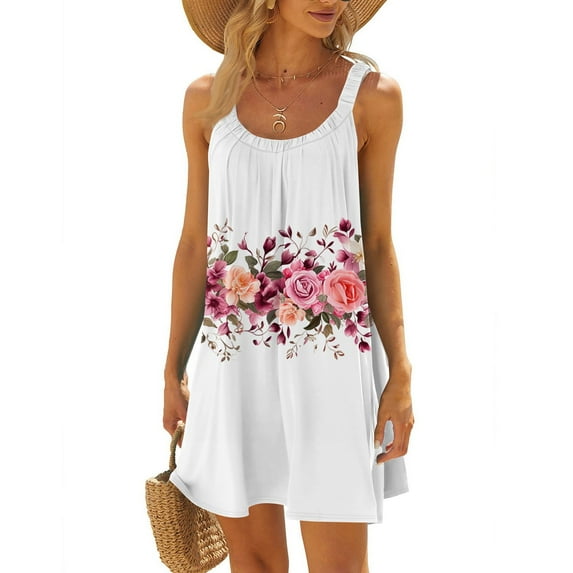 WTOBBY Women's Chiffon Sleeveless Scoop Neck Floral Sun Dress with Elastic Waist for Summer Occasions,White S