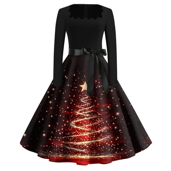 WTOBBY Women's Christmas Flare Dress Long Sleeve Square Collar Hollow Out Casual Party Dress with Vintage Holiday Seasonal Print Pattern,Deep Red 2XL