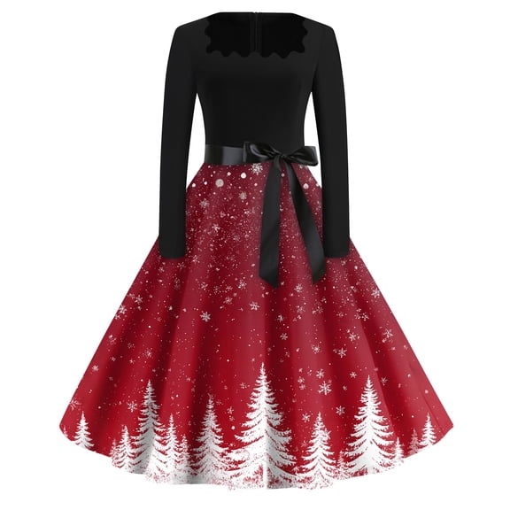 WTOBBY Women's Christmas Flare Dress Long Sleeve Square Collar Hollow Out Casual Party Dress with Vintage Holiday Seasonal Print Pattern,Red XL