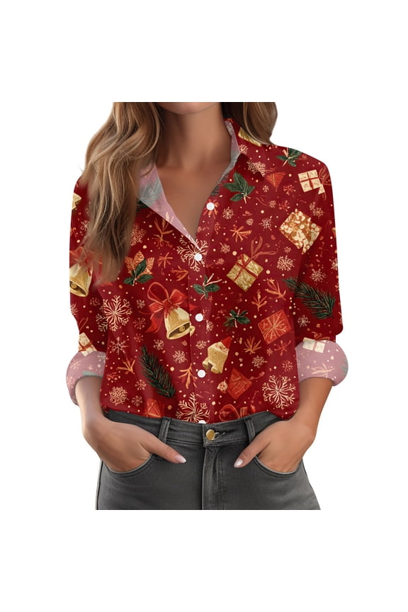 Women's Christmas Print Casual Half Open Collar Long Sleeve Shirt, Holiday Themed Blouse for Seasonal Outfits and Christmas Parties,Vermilion XL
