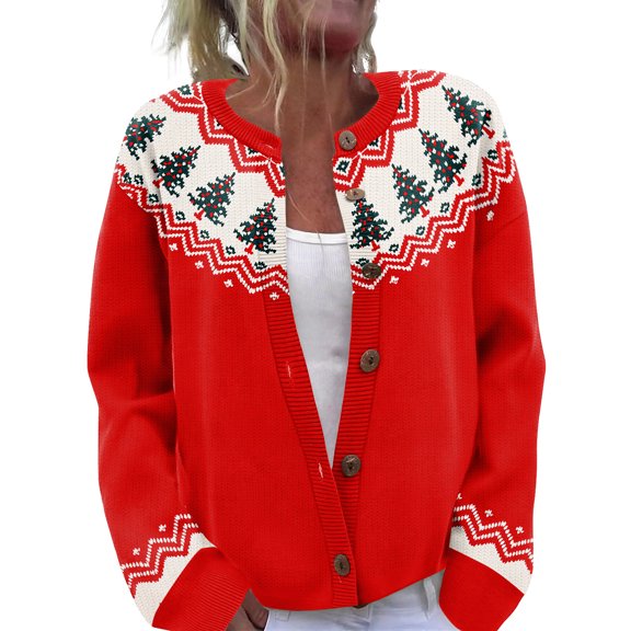 WTOBBY Women's Christmas Print Knit Cardigan, Cute and Fun Holiday Sweater for Fall and Winter, Long Sleeve Knitted Pullover with Festive Design,Red L
