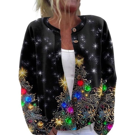 WTOBBY Women's Christmas Print Knit Cardigan, Fun and Festive Holiday Sweater for Fall and Winter, Long Sleeve Pullover with Seasonal Designs,Black 2XL