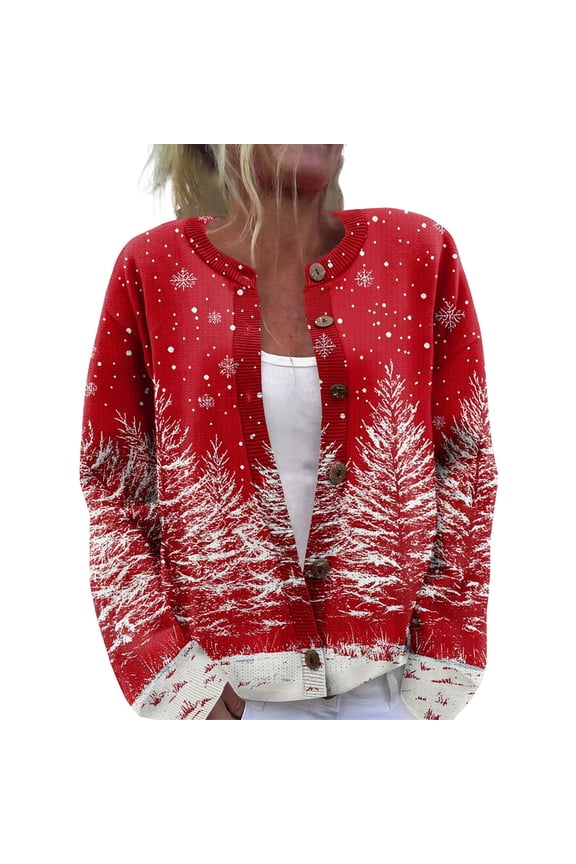 Women's Christmas Print Knit Cardigan, Fun and Festive Holiday Sweater for Fall and Winter, Long Sleeve Pullover with Seasonal Designs,Vermilion S