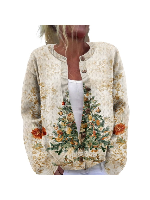 Women's Christmas Print Knit Cardigan, Fun and Festive Holiday Sweater for Fall and Winter, Long Sleeve Pullover with Seasonal Designs,Beige L
