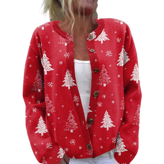 WTOBBY Women's Christmas Print Knit Cardigan, Fun and Festive Holiday Sweater for Fall and Winter, Long Sleeve Pullover with Seasonal Designs,Red M