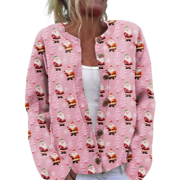 WTOBBY Women's Christmas Print Knit Cardigan, Long Sleeve Pullover with Festive Designs, Cozy for Holiday Parties and Winter Wear,Pink S