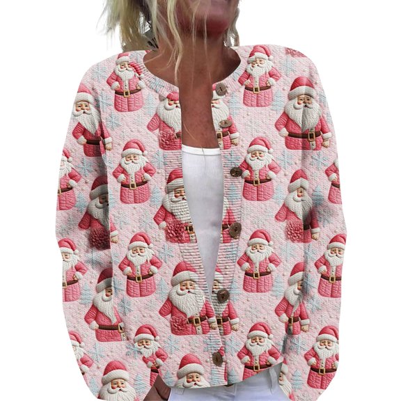 WTOBBY Women's Christmas Print Knit Cardigan, Long Sleeve Pullover with Festive Designs, Cozy for Holiday Parties and Winter Wear,White S