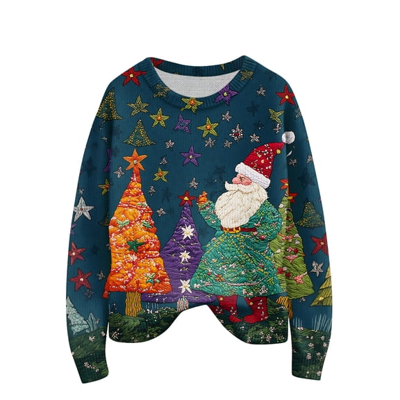 WTOBBY Women's Christmas Print Knit Sweater, Cute and Fun Holiday Pullover for Fall and Winter, Long Sleeve Knitted Top with Festive Patterns and Designs,Navy L