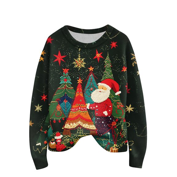 WTOBBY Women's Christmas Print Knit Sweater, Cute and Fun Holiday Pullover for Fall and Winter, Long Sleeve Knitted Top with Festive Patterns and Designs,Red 2XL