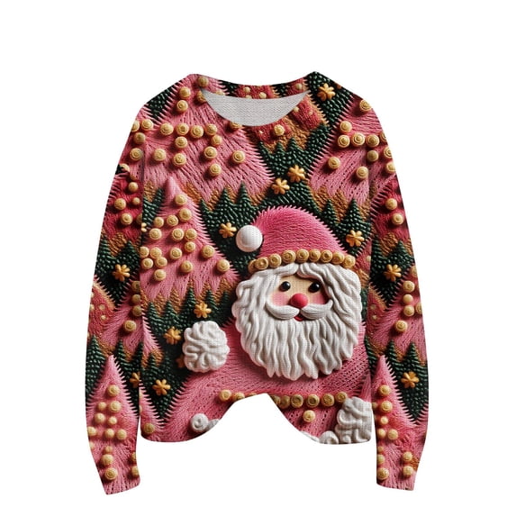 WTOBBY Women's Christmas Print Knit Sweater, Holiday Themed Pullover for Fall and Winter, Long Sleeve Top with Fun and Festive Patterns,Hot Pink S