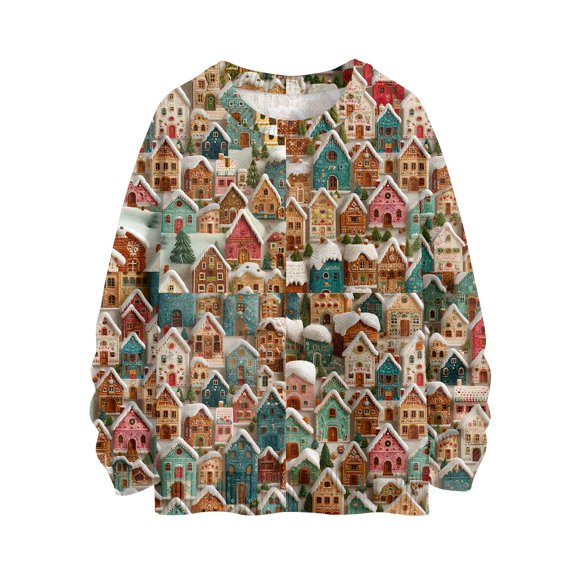 WTOBBY Women's Christmas Print Knit Sweater, Long Sleeve Crewneck Pullover with Cute Design, Festive Holiday Top for Fall, Soft Yarn Casual Blouse,Khaki 3XL
