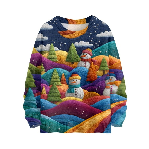 WTOBBY Women's Christmas Print Knit Sweater, Long Sleeve Crewneck Pullover with Cute Design, Festive Holiday Top for Fall, Soft Yarn Casual Blouse,Purple S