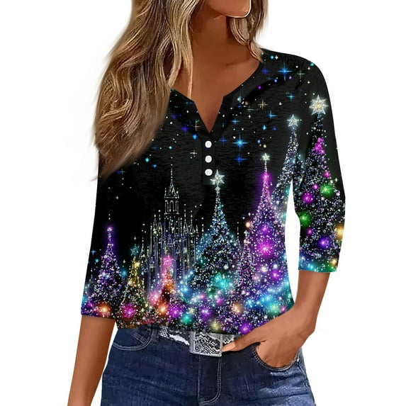 WTOBBY Women's Christmas Print V-Neck Decorative Button 3/4 Sleeve T-Shirt, Ladies Holiday Fashion Top for Seasonal Wear, Comfortable Casual Blouse for Daily Use,Black XL