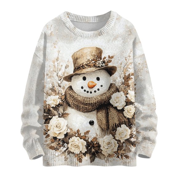 WTOBBY Women's Christmas Print Wool Sweater, Long Sleeve Pullover with Festive Design, Cozy and Cute Top for Holiday Gatherings and Casual Wear,Khaki 2XL