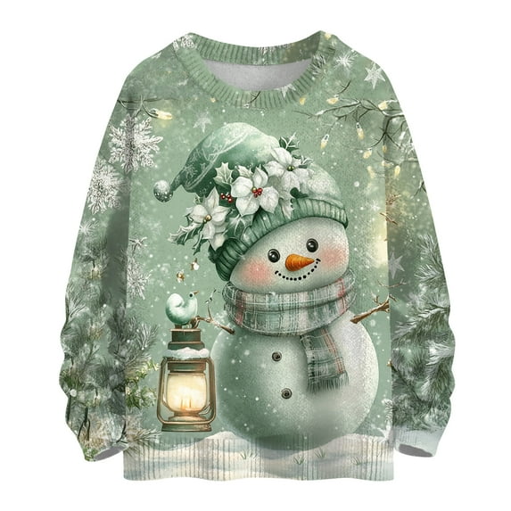 WTOBBY Women's Christmas Print Wool Sweater, Long Sleeve Pullover with Festive Design, Cozy and Cute Top for Holiday Gatherings and Casual Wear,Mint Green L