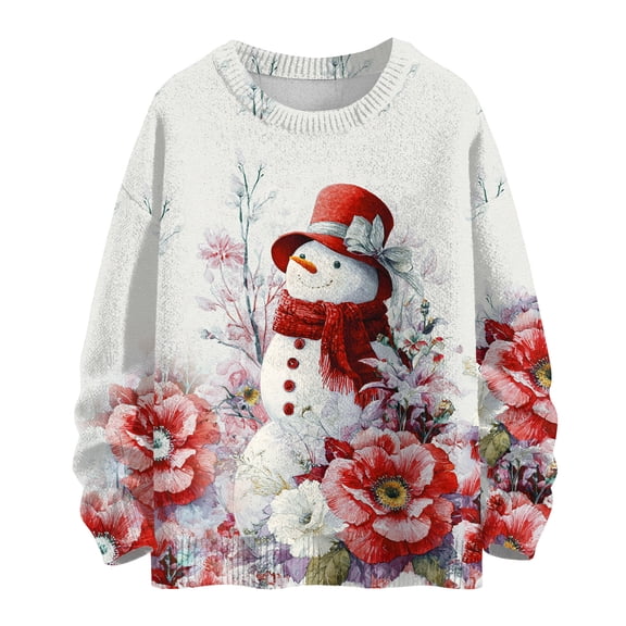 WTOBBY Women's Christmas Print Wool Sweater, Long Sleeve Pullover with Festive Design, Cozy and Cute Top for Holiday Gatherings and Casual Wear,Red 2XL
