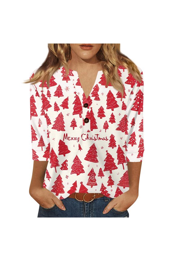 Women's Christmas Snowflake Tree Print V-Neck Decorative Button 3/4 Sleeve T-Shirt, Ladies Holiday Fashion Top for Seasonal Wear, Comfortable Casual Blouse,White 3XL