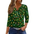 thumbnail image 1 of WTOBBY Women's Christmas Snowflake Tree Print V-Neck Decorative Button 3/4 Sleeve T-Shirt, Ladies Holiday Fashion Top for Seasonal Wear, Comfortable Casual Blouse,Dark Green XL, 1 of 5