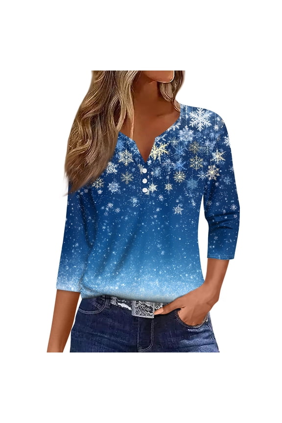 Women's Christmas Snowflake Tree Print V-Neck Decorative Button 3/4 Sleeve T-Shirt, Ladies Holiday Fashion Top for Seasonal Wear, Comfortable Casual Blouse,Blue M
