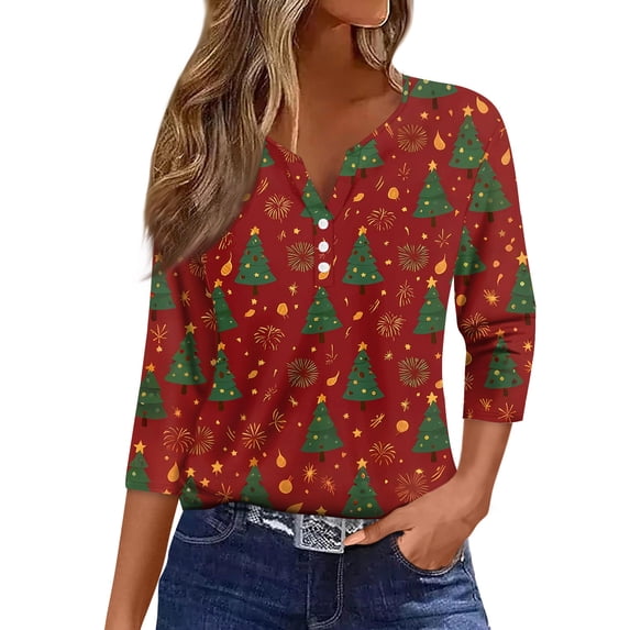 WTOBBY Women's Christmas Snowflake Tree Print V-Neck Decorative Button 3/4 Sleeve T-Shirt with Merry Christmas, Ladies Holiday Season Top for Casual Fashion Wear,Green 2XL