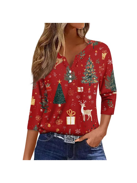Women's Christmas Snowflake Tree Print V-Neck Decorative Button 3/4 Sleeve T-Shirt with Merry Christmas, Ladies Holiday Season Top for Casual Fashion Wear,Red XL