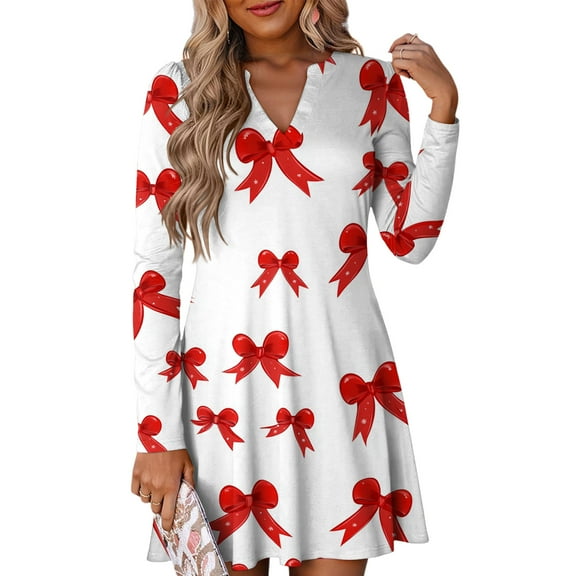 WTOBBY Women's Christmas Themed Dress Loose V-Neck Long Sleeve Casual Holiday Print Party Wear with Festive Design for Special Events,Beige L