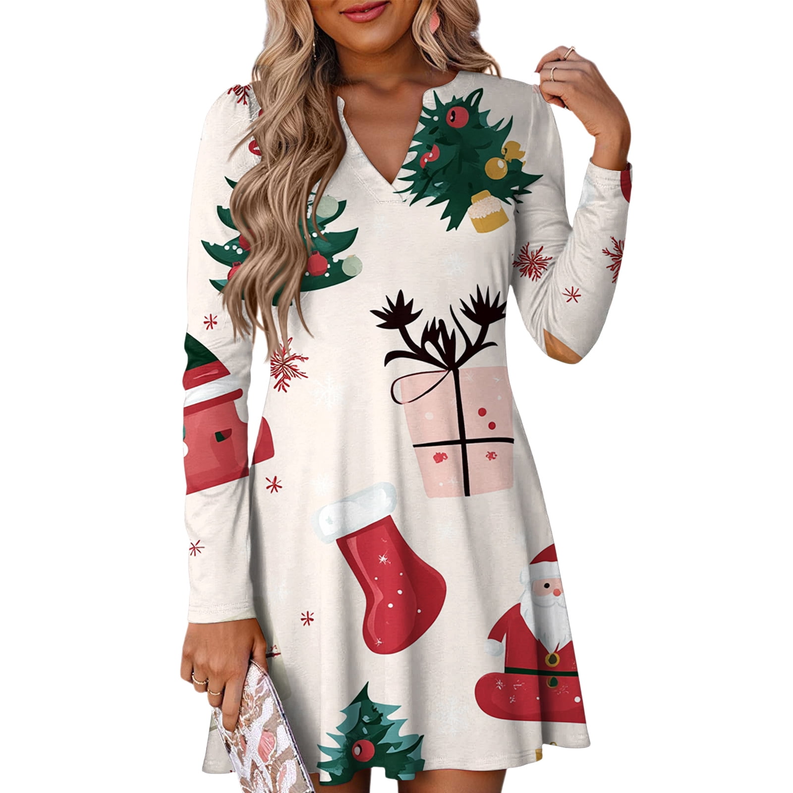 WTOBBY Women's Christmas Themed Dress Loose V-Neck Long Sleeve Casual  Holiday Print Party Wear with Festive Design for Special Events,Khaki S