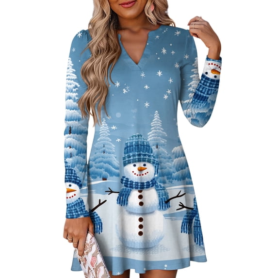 WTOBBY Women's Christmas Themed Dress Loose V-Neck Long Sleeve Casual Holiday Print Party Wear with Festive Design for Special Events,Sky Blue S