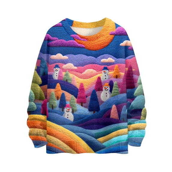 WTOBBY Women's Christmas Themed Knit Sweater, Long Sleeve Crewneck Pullover with Cute Print, Festive Holiday Blouse for Fall, Soft Comfortable Yarn Material,Dark Purple L