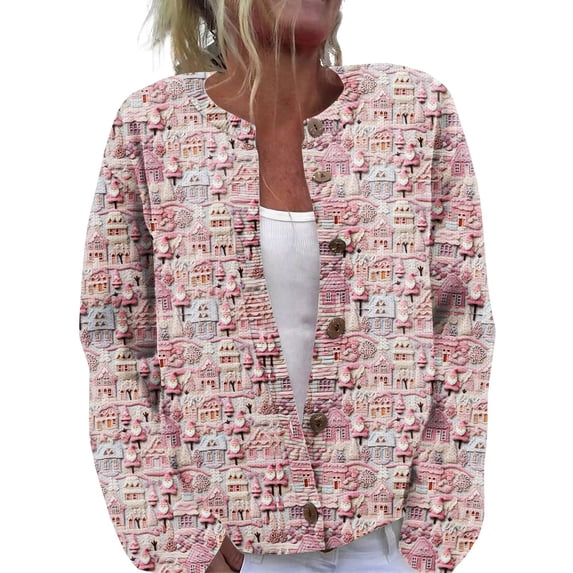 WTOBBY Women's Christmas Themed Print Cardigan, Christmas Knit Sweater for Fall and Winter, Long Sleeve Pullover with Cute and Fun Patterns,Watermelon Red M