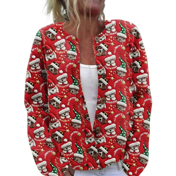 WTOBBY Women's Christmas Themed Print Cardigan, Christmas Knit Sweater for Fall and Winter, Long Sleeve Pullover with Cute and Fun Patterns,Red L