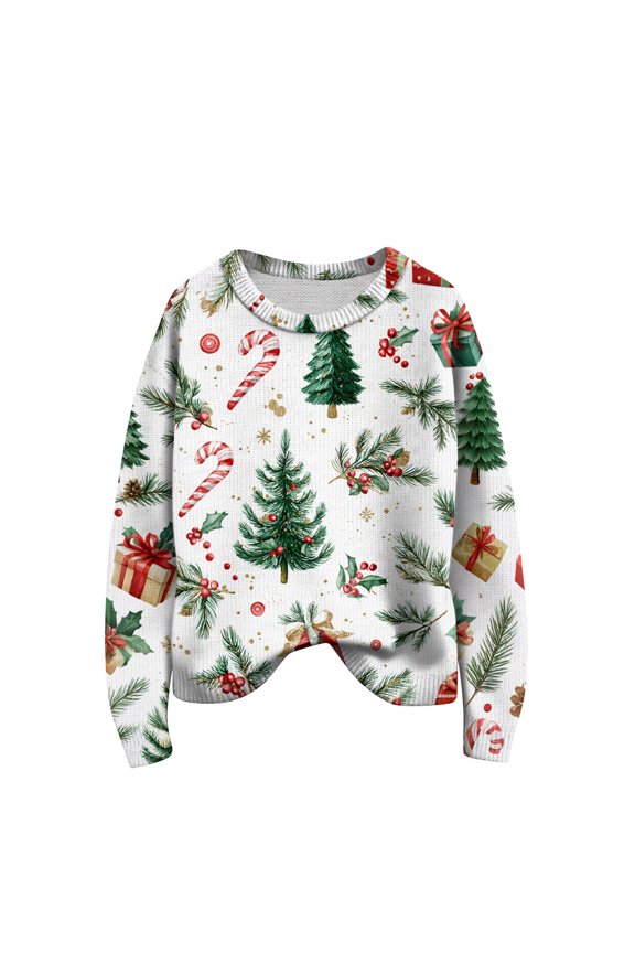 Women's Christmas Themed Snowflake Print Sweater, Round Neck Oversized Knit Pullover, Long Sleeve Casual Top for Festive Occasions,White S