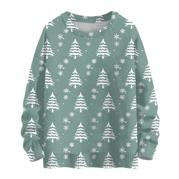 WTOBBY Women's Christmas Themed Woolen Sweatshirt, Long Sleeve Christmas Print Pullover, Cute and Comfortable Top for Fall and Winter Seasonal Activities,Light Blue 2XL