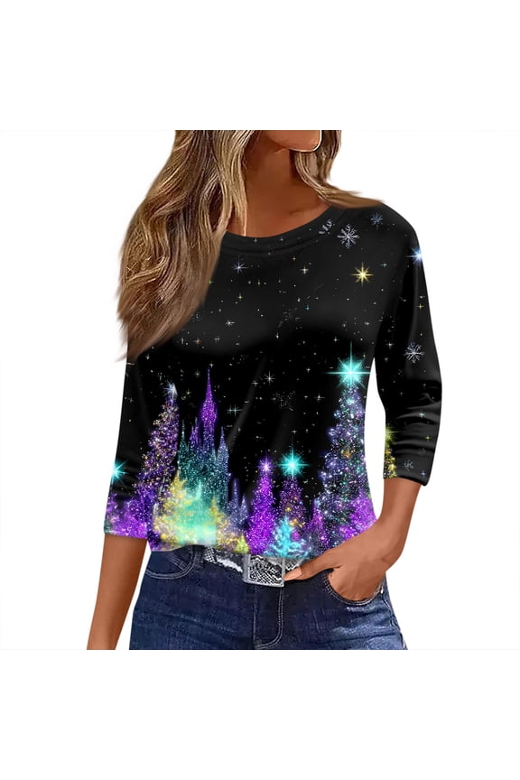 Women's Christmas Tree Print Round Neck 3/4 Sleeve T-Shirt with Merry Christmas, Ladies Holiday Fashion Top for Seasonal Wear, Comfortable Casual Blouse,Black 3XL